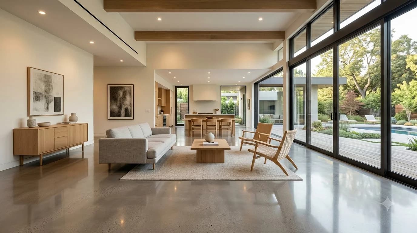 High-gloss diamond-polished interior residential concrete floor reflecting contemporary natural light