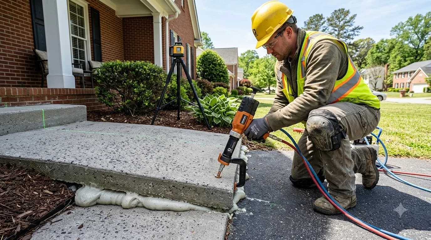 High density expanding polyurethane foam lifting sunken concrete sidewalk slab back to level