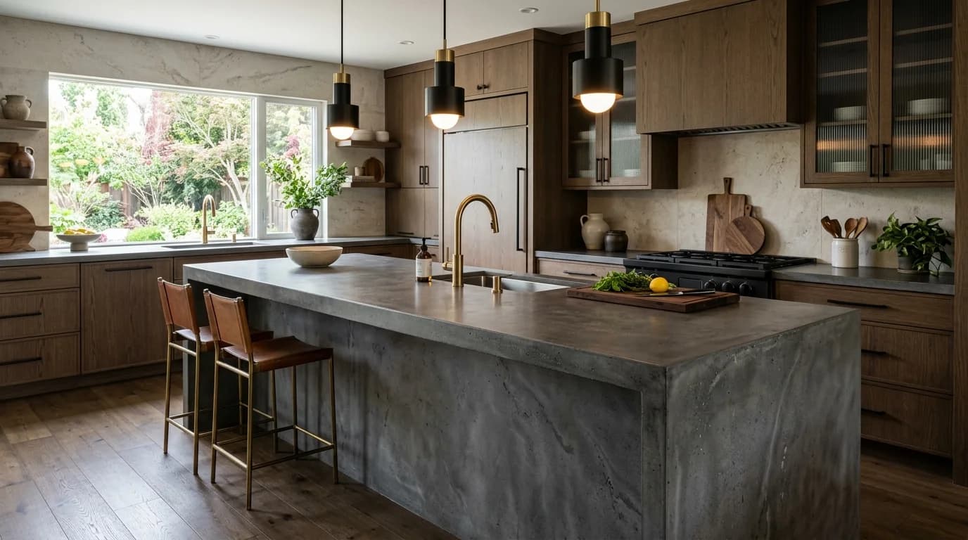 Modern handcrafted concrete countertop with ultra-smooth charcoal surface, undermount sink, and integrated waterfall edge