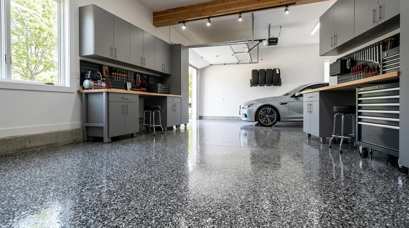 High-gloss professional epoxy flake garage floor coating with metallic flakes and clear polyurethane topcoat