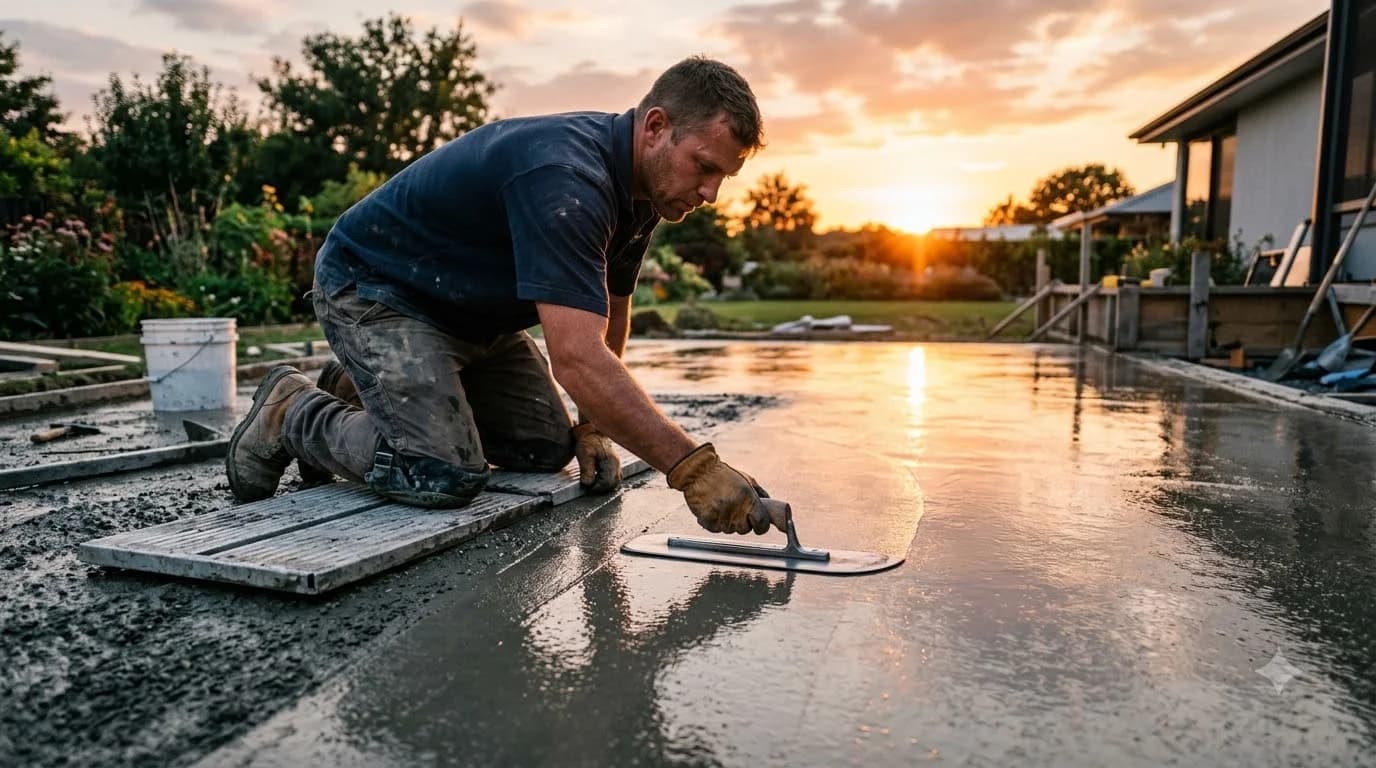 Concrete mason hand-troweling slab on knee boards using magnesium hand float and rounded margin edger