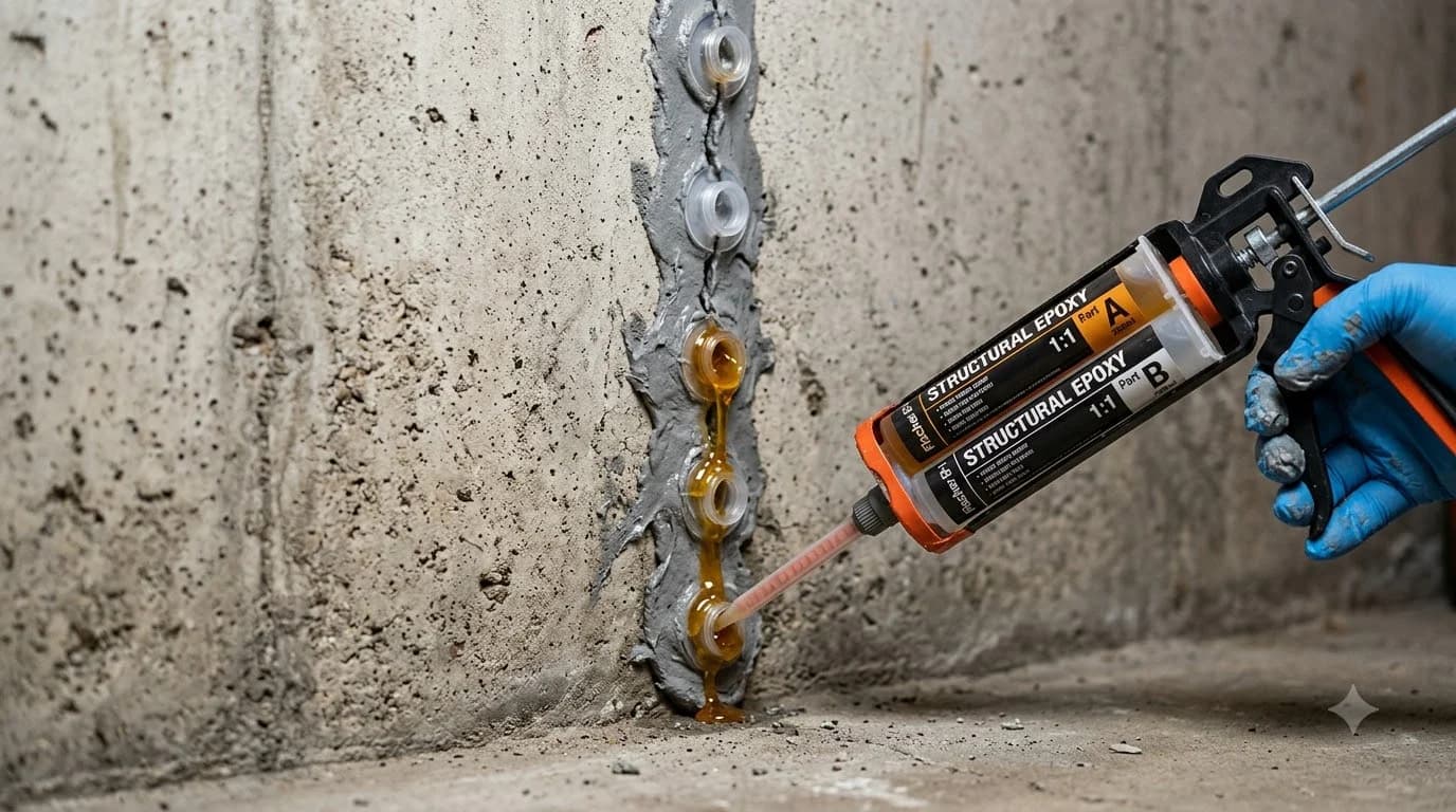 Injecting two component structural epoxy into cracked concrete foundation wall with injection ports
