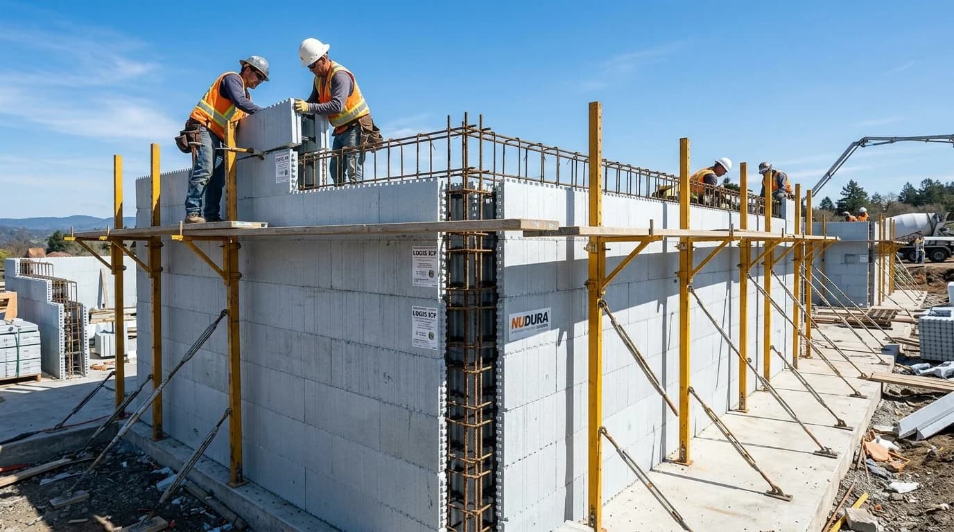 Stacked interlocking insulated concrete forms showing internal polypropylene ties and steel rebar reinforcement