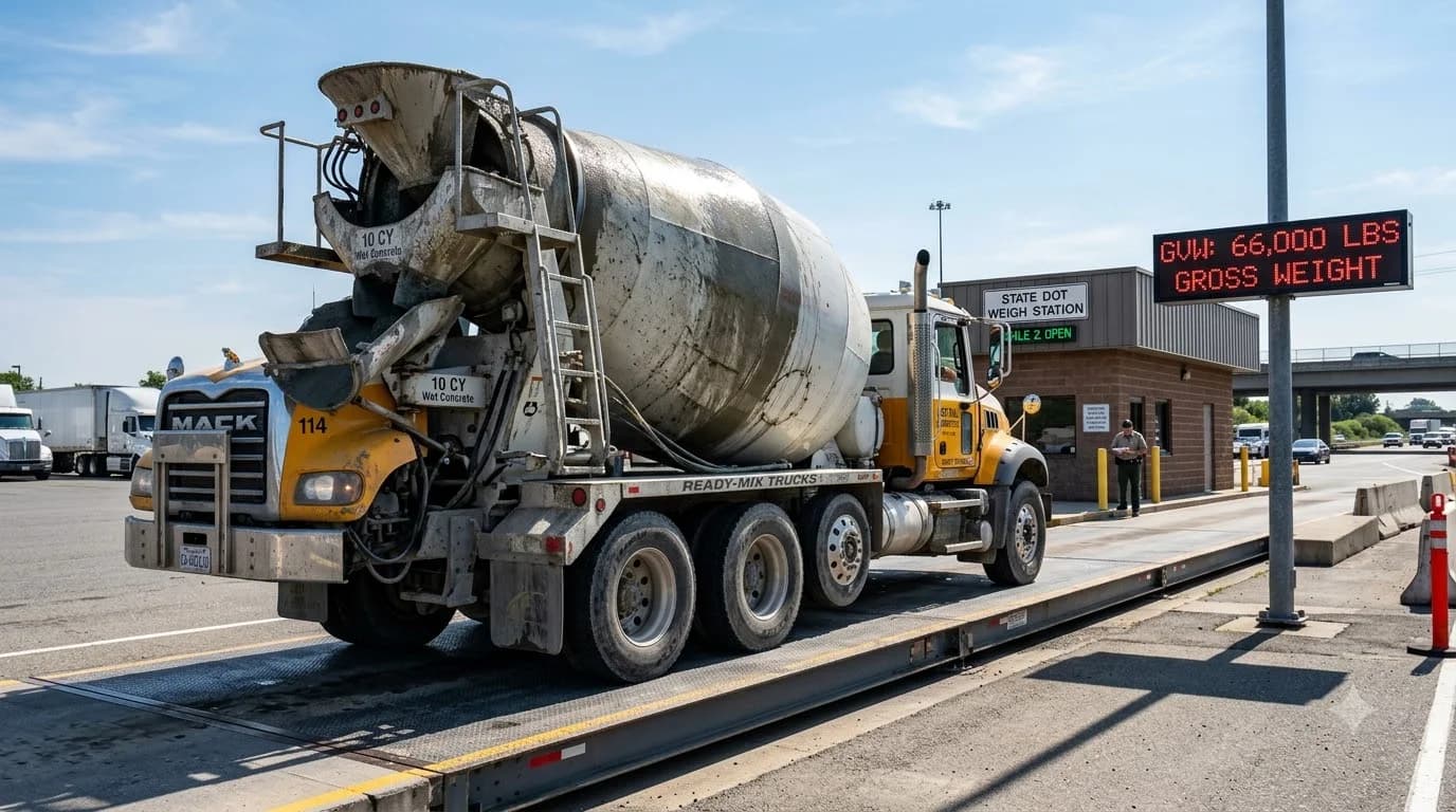 Heavy 4-axle ready-mix concrete transit mixer truck discharging wet concrete on a commercial construction site