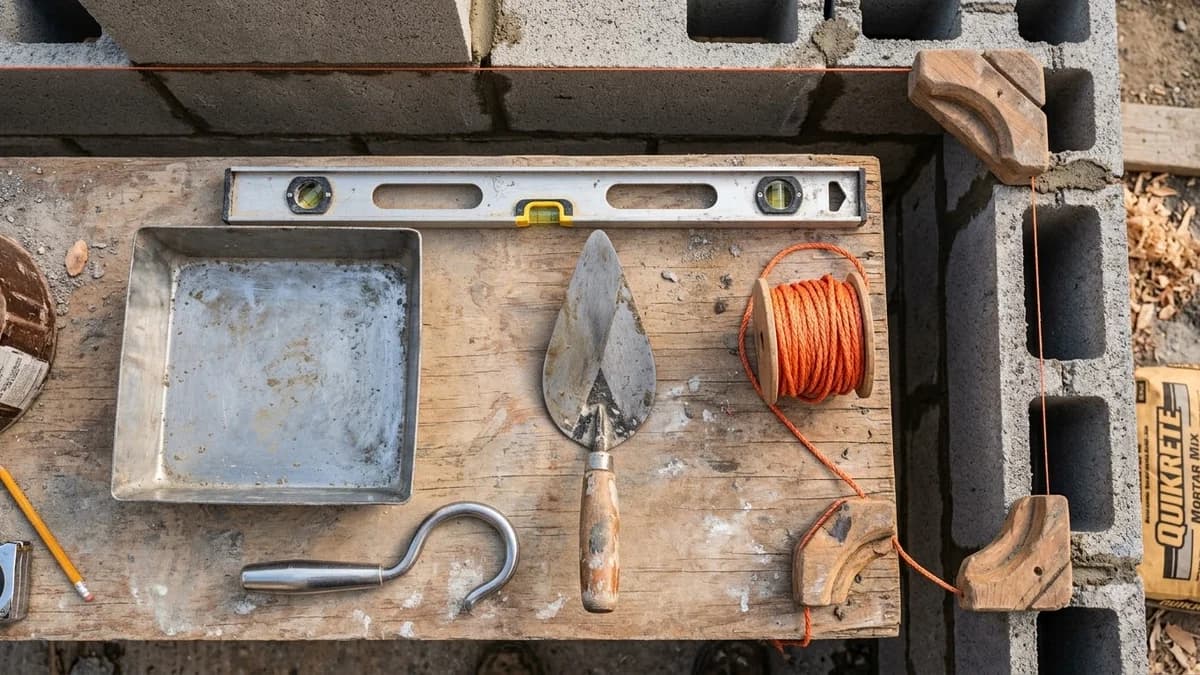 Master mason toolkit with trowel, level, line blocks, and freshly buttered cinder block wall