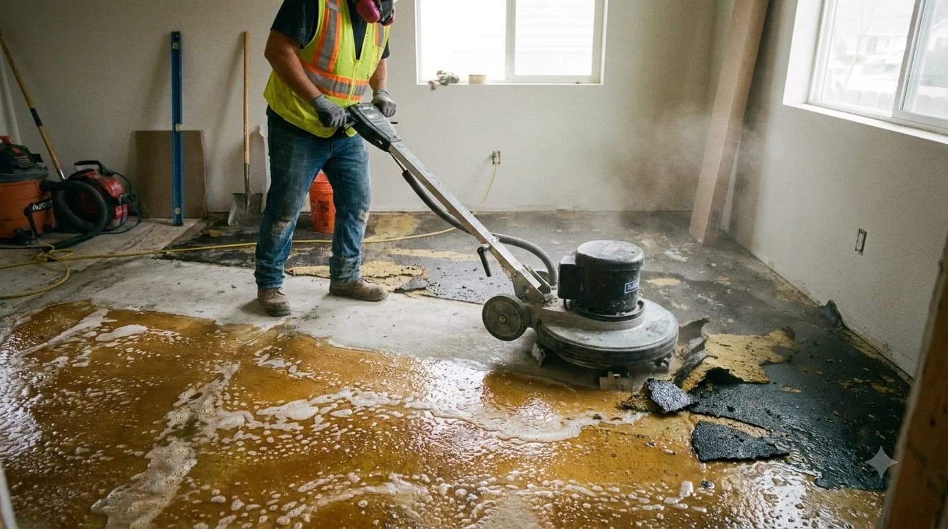Long handled floor scraper scraping yellow carpet adhesive glue off indoor concrete slab