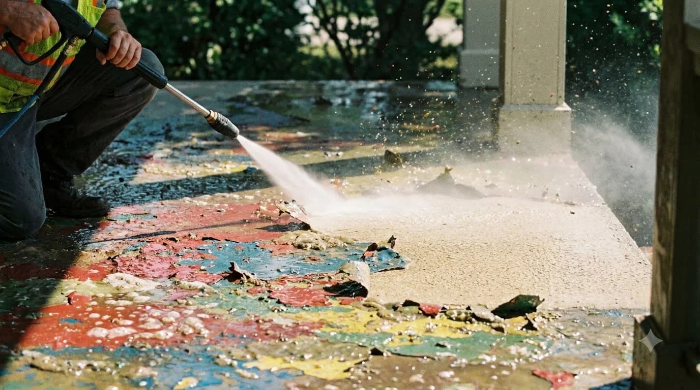 Scraping softened blistered paint off exterior concrete porch step with heavy duty putty knife