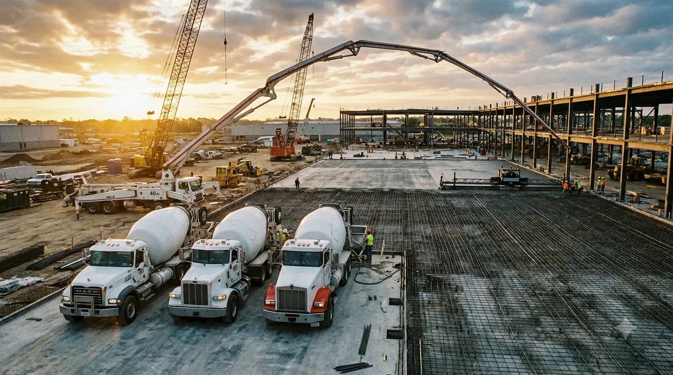 Commercial rear-discharge ready-mix concrete barrel truck on jobsite dispensing wet mix