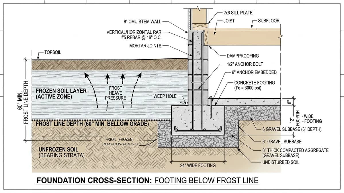 Architectural foundation cross-section showing concrete footing and CMU stem wall buried below the frost line depth
