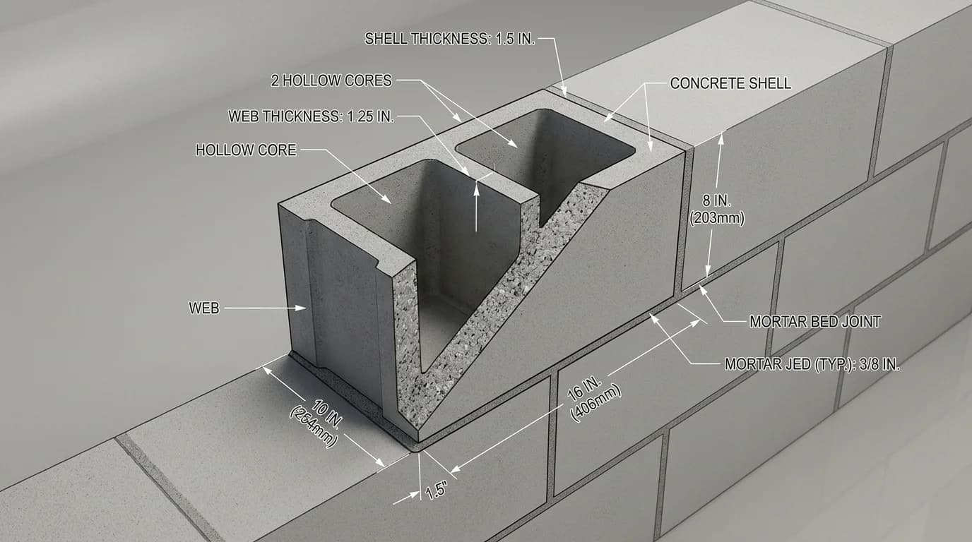 Engineering 3D cutaway diagram of standard 10x8x16 hollow load-bearing CMU concrete block complying with ASTM C90