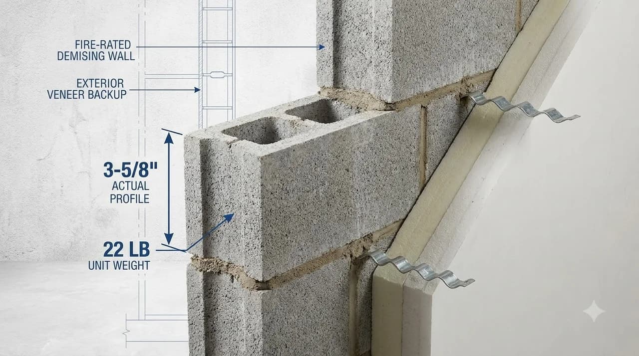 Architectural 3D cutaway wall assembly featuring 4-inch CMU masonry partition blocks and veneer backup