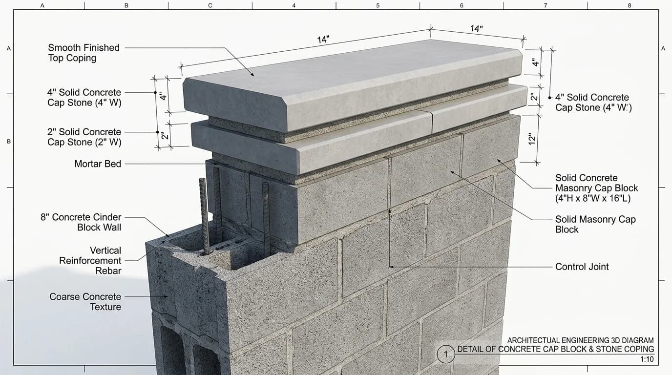 Engineering architectural 3D cutaway diagram of 2-inch and 4-inch solid concrete masonry cap blocks with coping drip edges complying with ASTM C90 and ASTM C140