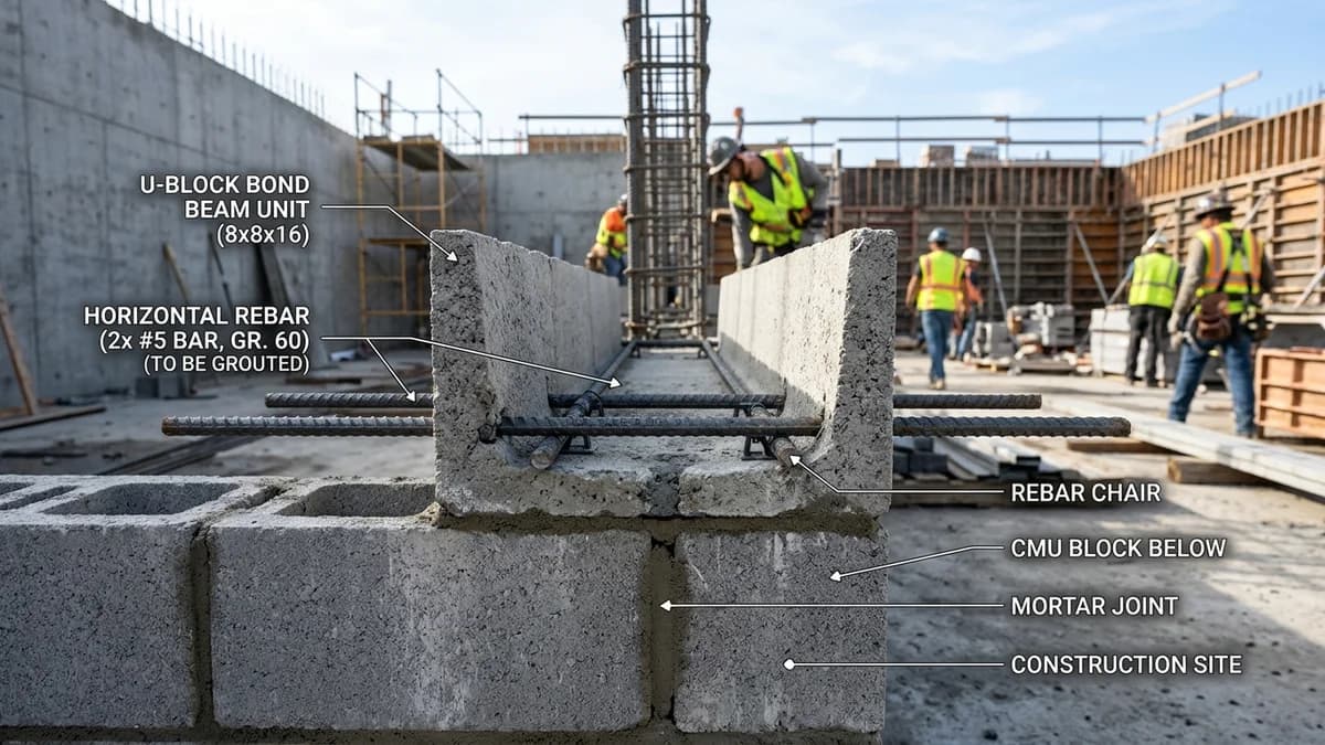 Engineered CMU bond beam U-block assembly with horizontal rebar chairs, grout channel, and modular dimensions