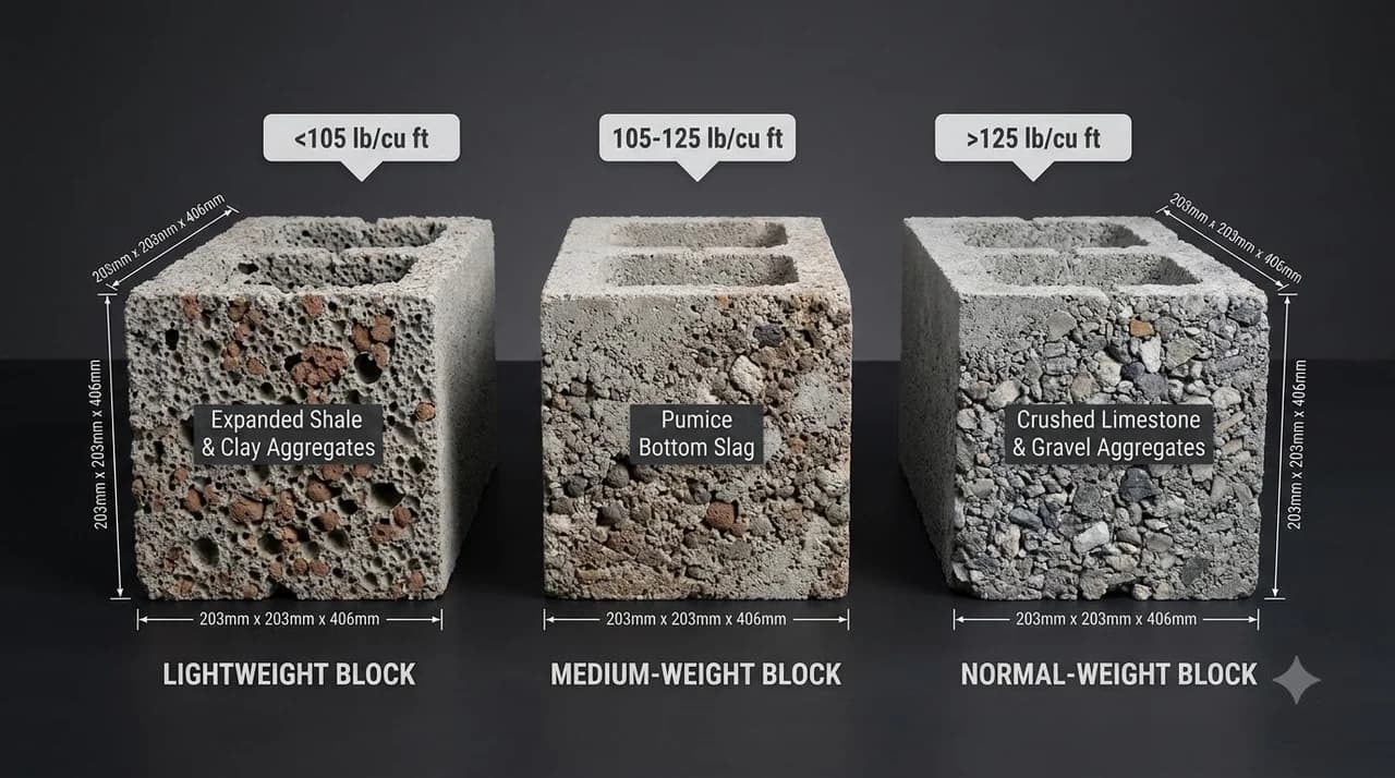 Scientific material-engineering 3D comparative display showing lightweight, medium-weight, and normal-weight concrete blocks with ASTM C90 density classifications