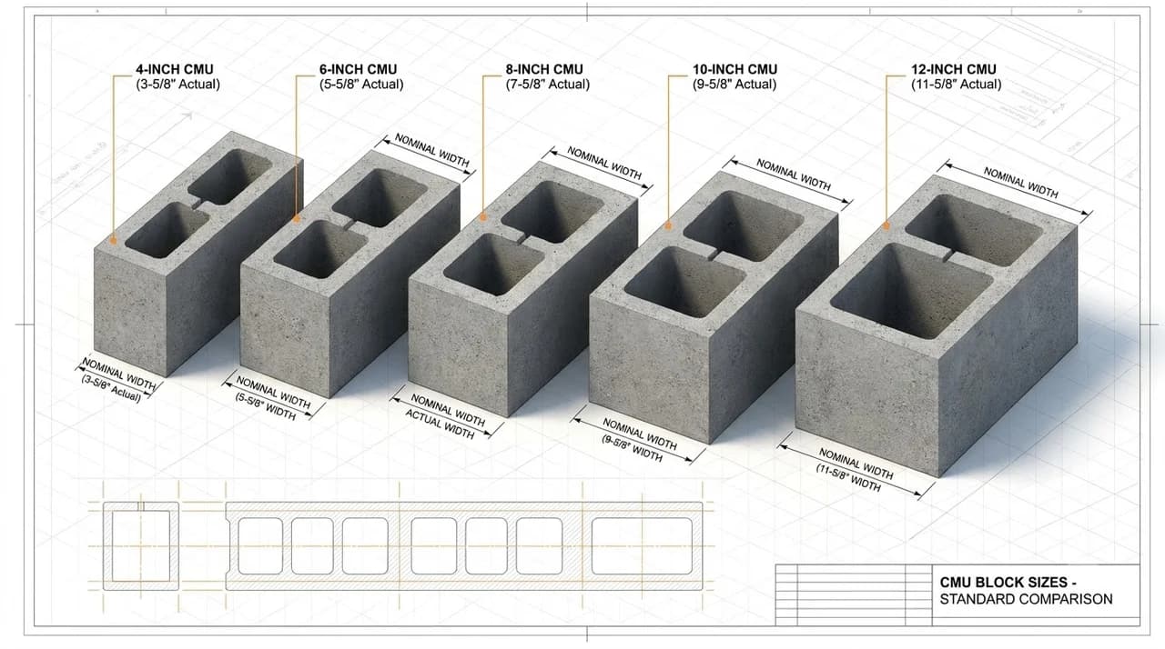 Technical isometric comparison of standard CMU block dimensions 4-inch, 6-inch, 8-inch, 10-inch and 12-inch sizes