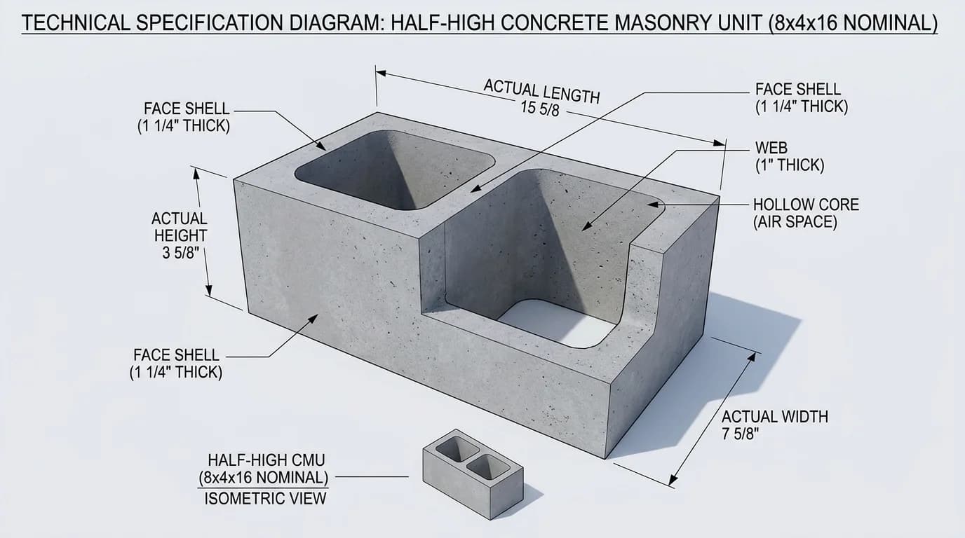 Technical specification diagram of standard 8x4x16 half-high concrete masonry unit showing nominal and actual dimensions complying with ASTM C90