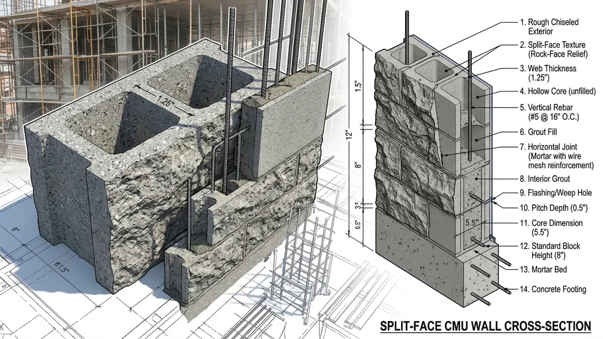 Architectural 3D diagram and cross section of split face concrete masonry units showing rock face relief and core dimensions